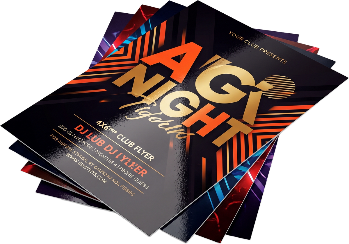 Fanned stack of glossy UV-coated club flyers